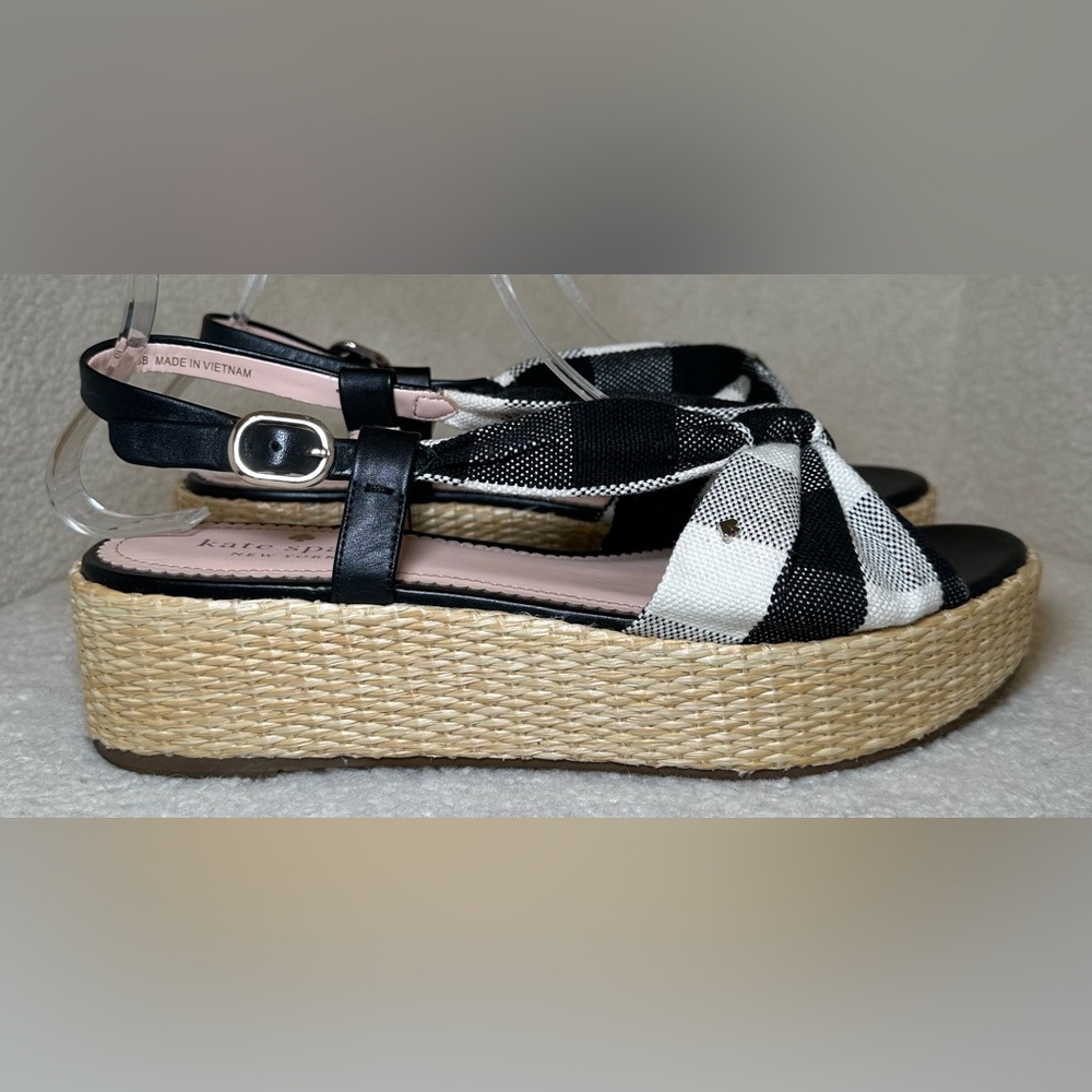 Kate Spade Betsy platform flat sandal black white gingham preppy espadrille cute